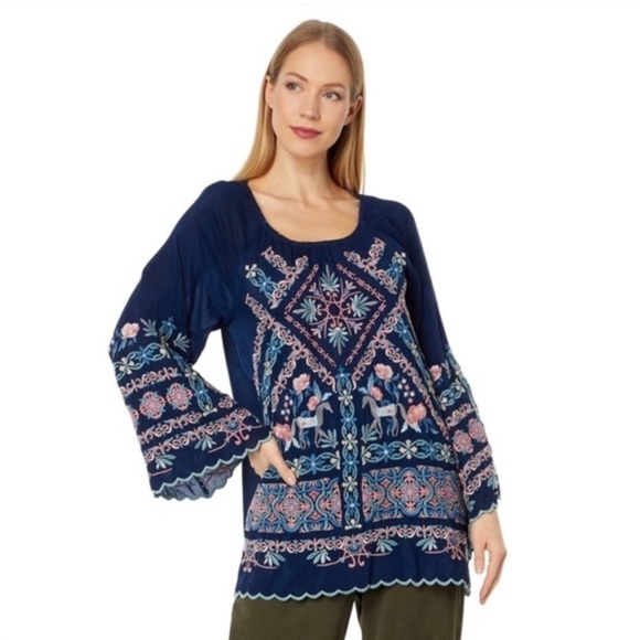JOHNNY WAS Lina Tunic Embroidered Flowy Rayon Floral Ethereal Print Navy Size M - Picture 4 of 13